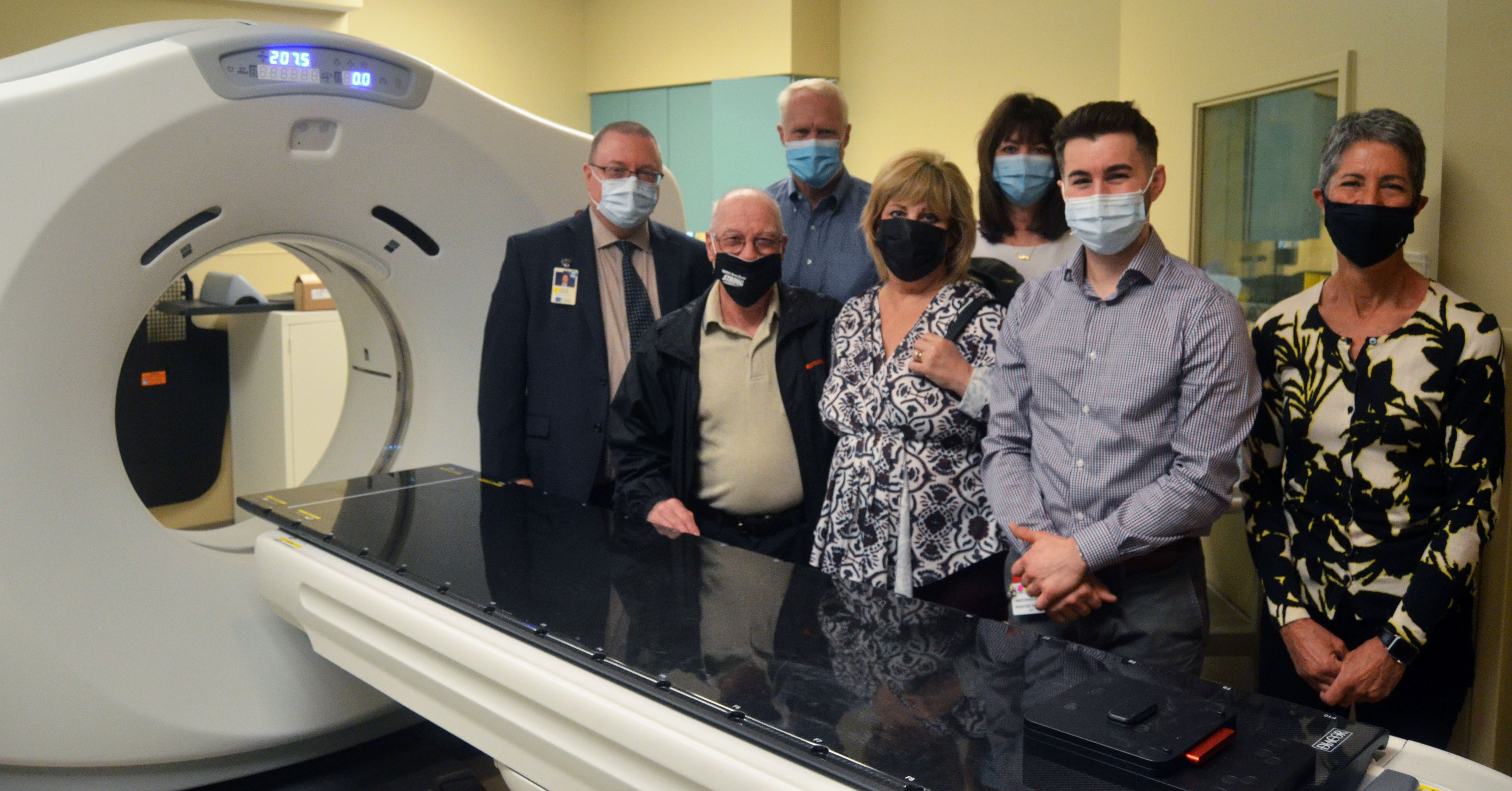 Pictured with the Mildred Milliman Radiation Medicine Center's new Computed Tomography Simulator are (from left to right) Dr. Gregory Hare, Joe Stallone, CRCF Board President Skip Wilday (back), Lisa Stallone, CRCF Executive Director Karen Niemic Buchheit, Christopher Koteras and Lucy Benson, chair of the CRCF grant allocations committee.